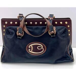 Authentic BRACCIALINI Italy Black Leather Studded Tote Bag Gold Logo RARE